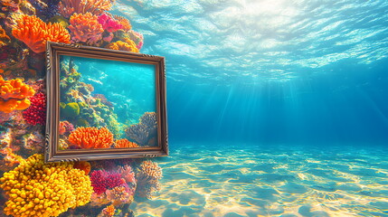 Colorful coral reef underwater with a wooden picture frame displaying vibrant marine life and sunlight rays.