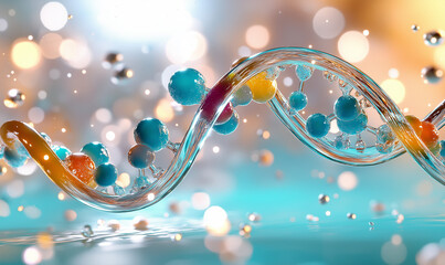 An abstract science-themed background combining DNA helix structures with molecular diagrams.