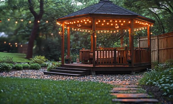 Cozy garden gazebo illuminated by string lights, surrounded by lush greenery and pebbled path