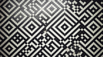 Classic black and white mosaic background with bold checkerboard pattern, featuring intricate tile design