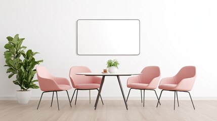 Modern minimalist interior featuring pink chairs around a table with a plant and blank wall