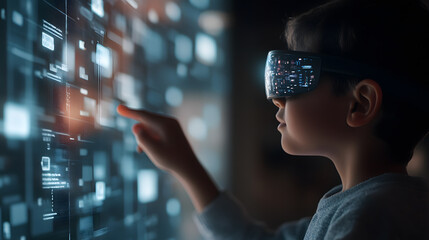 A young learner in a futuristic study room, wearing smart glasses and interacting with an AI-powered tutor. Floating study guides and interactive quizzes appear before them, creating a visually