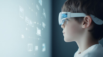 A young learner in a futuristic study room, wearing smart glasses and interacting with an AI-powered tutor. Floating study guides and interactive quizzes appear before them, creating a visually