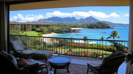 Fototapeta premium Panoramic view of a tropical balcony overlooking a beautiful bay with lush green landscapes and mountains on a clear day, featuring comfortable