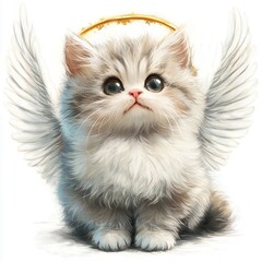 Fototapeta premium Cute angelic kitten with fluffy fur and tiny wings sitting peacefully in a serene setting