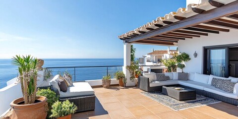 Fototapeta premium Mediterranean Terrace Luxury: Coastal Relaxation and Breathtaking Ocean Views