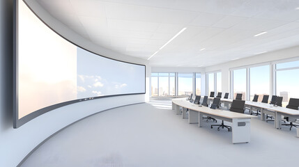 A wide-angle view of an innovative digital classroom where students use tablets to interact with a virtual instructor displayed on a curved smart board. The board features touch-sensitive elements,