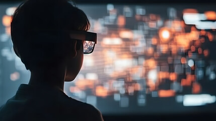 A student wearing AR glasses, immersed in an advanced digital classroom, where 3D holographic diagrams of planets and molecules hover in front of them. The futuristic setting includes touch-sensitive