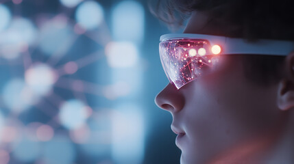 A student wearing AR glasses, immersed in an advanced digital classroom, where 3D holographic diagrams of planets and molecules hover in front of them. The futuristic setting includes touch-sensitive