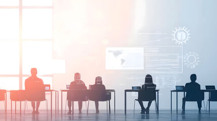 A modern online classroom where students are seated at individual desks with tablets and laptops, participating in an interactive e-learning session. A giant digital whiteboard at the front displays