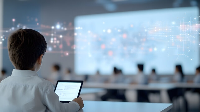 A modern online classroom where students are seated at individual desks with tablets and laptops, participating in an interactive e-learning session. A giant digital whiteboard at the front displays - Powered by Adobe