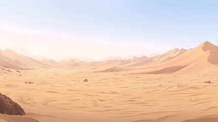 Naklejka premium Endless sandy desert landscape under a clear blue sky with distant mountains and gentle hills.