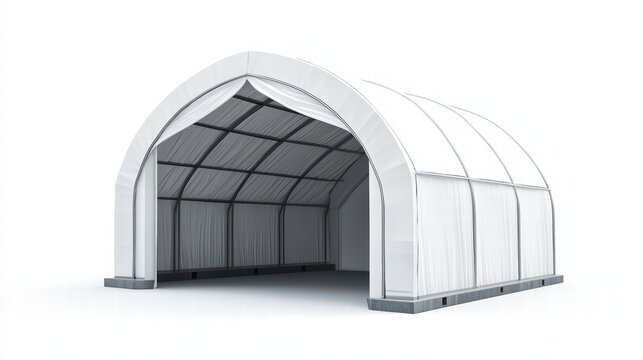 Spacious Arched Shelter: A sturdy, arched shelter stands tall, offering a spacious and secure space for various uses. Its durable construction and practical design provide ample room for storage.