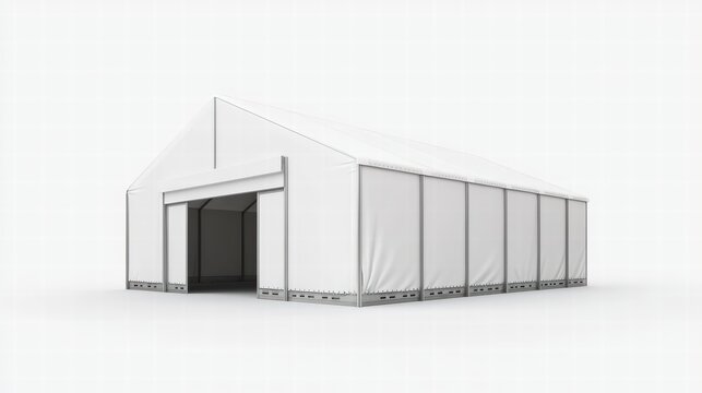 Large White Tent Structure: A spacious, white, temporary structure with a large roll-up door, ideal for events, warehousing, or temporary housing.  The clean lines and simple design offer versatility.