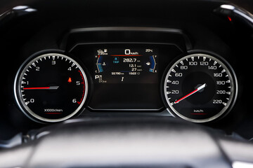 Fototapeta premium car​ instrument panel, car​ speed motor of​ night, car​ dashboard​ modern​ automobile control​illuminated panel​ speed display.