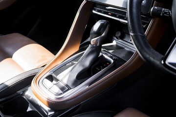 automatic transmission shift selector in the car interior. Closeup a manual shift of modern car...