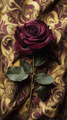 Elegant dark rose resting on a rich golden patterned fabric, capturing the essence of beauty and luxury in a timeless moment