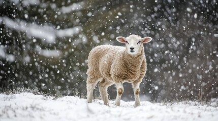 Naklejka premium Lamb standing snowy field winter blizzard postcard