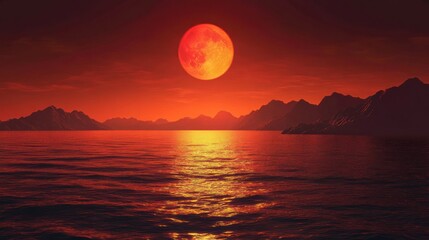 Naklejka premium Blood moon rising over ocean mountains, dramatic sunset, fantasy landscape, ideal for fantasy or horror films