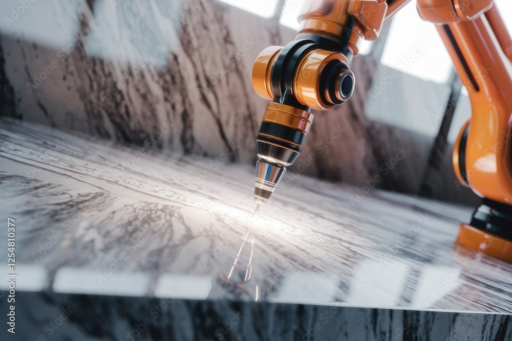 Poster a robotic arm precisely performs a task, sparks flying, showcasing advanced automation technology.