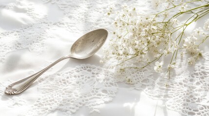 Silver spoon, gypsophila flowers, lace tablecloth, sunlit setting, spring aesthetic