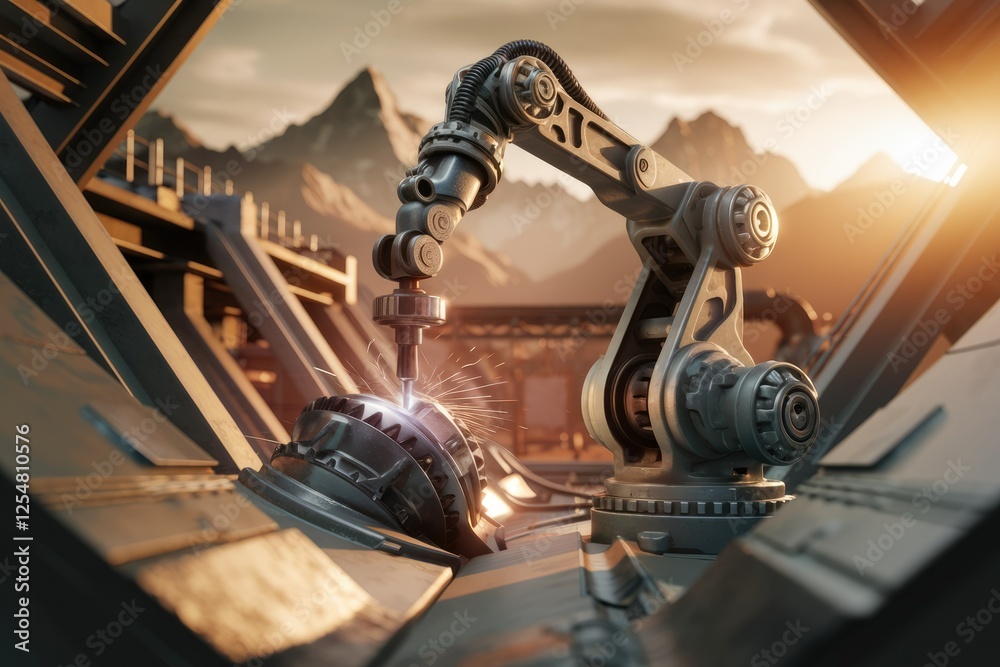 Poster A robotic arm precisely welds a metal component in a futuristic factory setting, showcasing advanced automation technology.