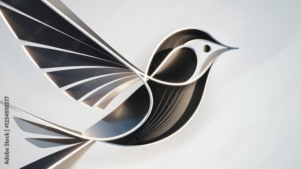 Poster abstract minimalist bird design, sleek lines and layered form in black and white.