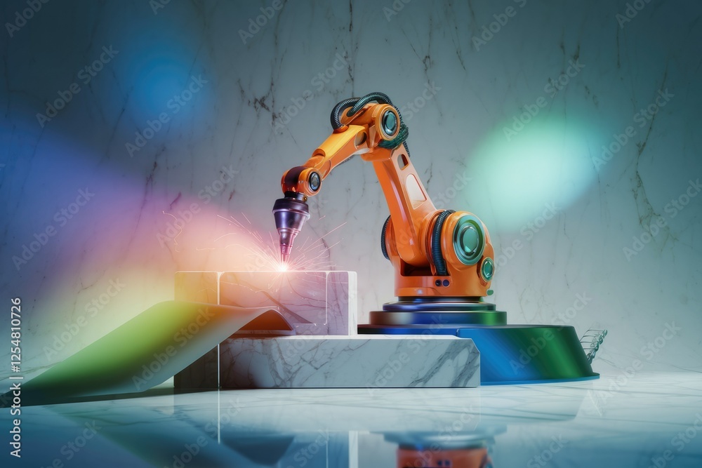 Poster An orange robotic arm precisely welds a block, showcasing advanced automation and industrial technology.