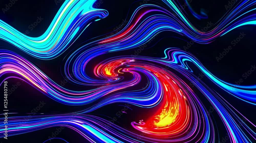 Poster Colorful abstract digital swirl pattern with neon light effect, vibrant wave art. Futuristic design and creative visual concept