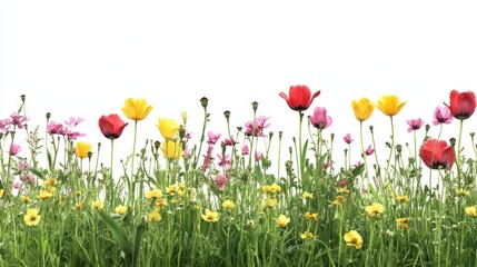 Colorful wildflowers border, studio shot, white background, spring design
