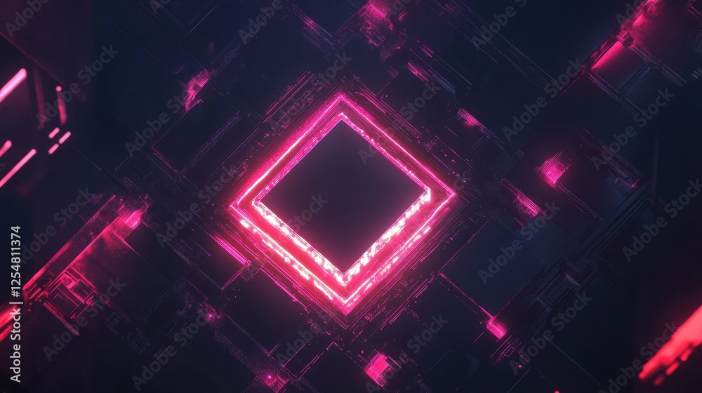 Poster vibrant microchip design glowing in shades of pink with a futuristic aesthetic and detailed circuitr