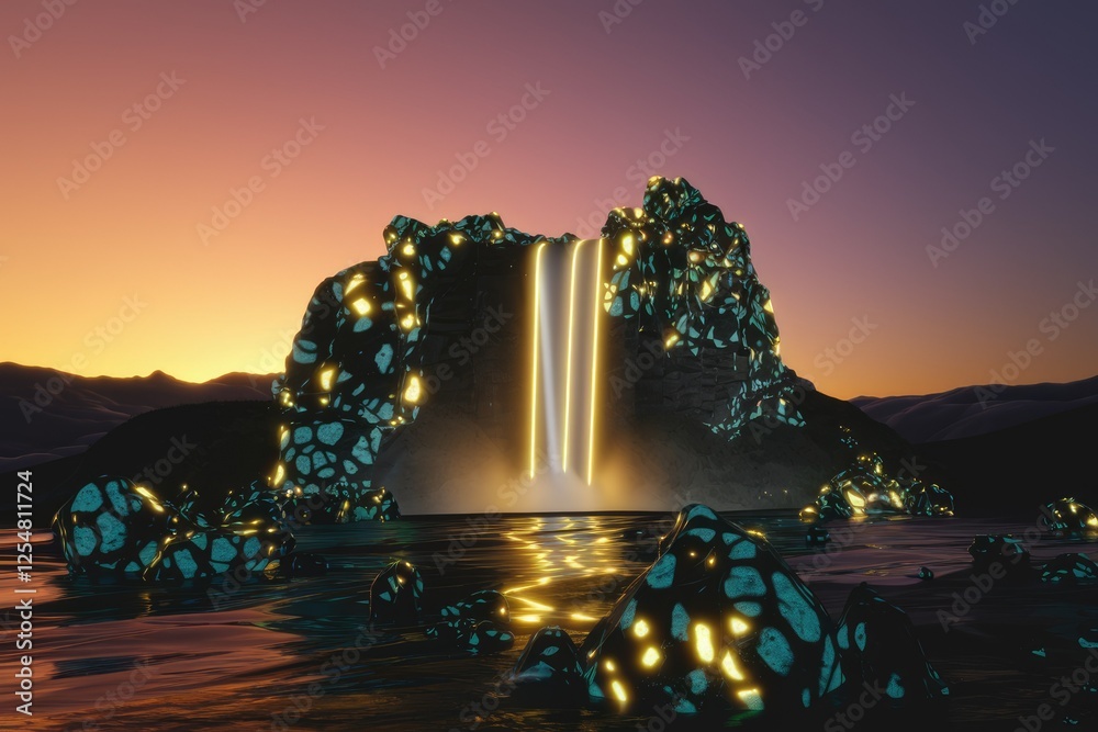 Aufkleber glowing rocks form a waterfall at sunset, creating a surreal and beautiful landscape.
