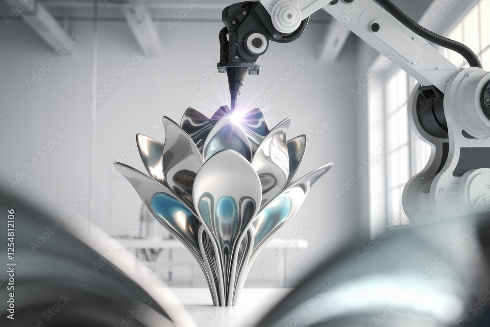 Poster a robotic arm precisely 3d prints a metallic lotus flower, showcasing advanced manufacturing technol