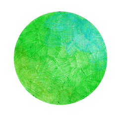 Circle filled with stroke texture. Pen drawing. Thin strokes in different directions, intersecting. Different shades of green, turquoise, mint colors. Gradient. Isolated on white background.
