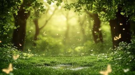 Fototapeta premium Enchanted forest scene, lush green foliage, soft sunlight filters through trees, ethereal butterflies, peaceful and serene atmosphere, glowing