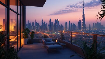 Dubai Skyline Twilight: Luxury Penthouse Balcony View