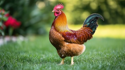 Fototapeta premium Rooster standing garden flowers background farm animal