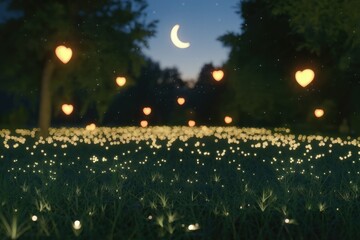 Enchanted night scene with heart-shaped lights illuminating a field of glowing grass under a crescent moon.