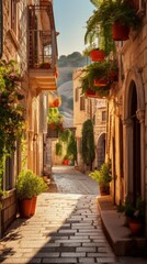 A street with small old houses with flowers	
