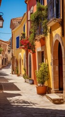 Obraz premium A street with small old houses with flowers 