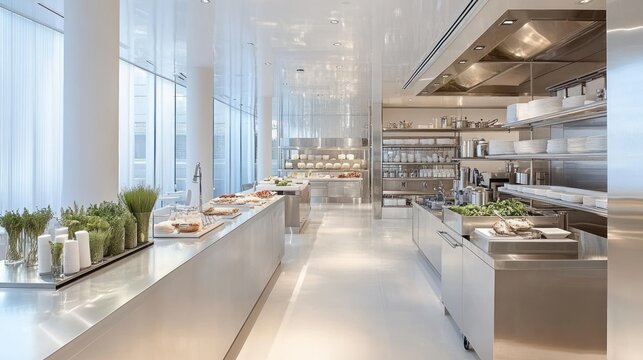 Modern hotel breakfast buffet, city view, stainless steel, kitchen
