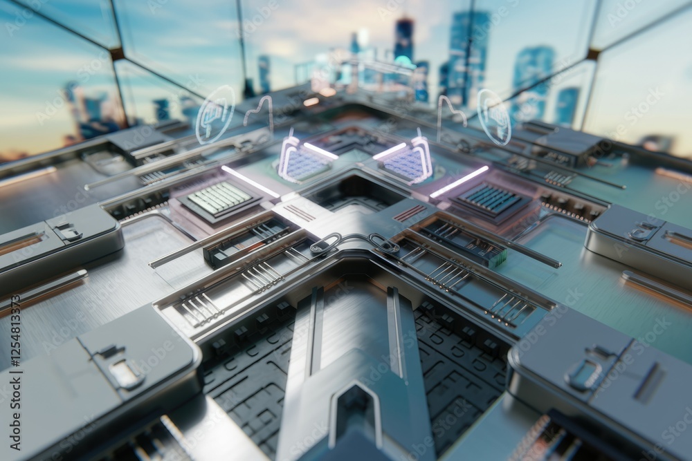 Poster futuristic city tech, intricate circuitry and data streams flow, merging urban landscape and advance
