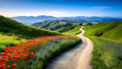Fototapeta premium Winding Trail Through Rolling Hills with Wildflowers in Full Bloom