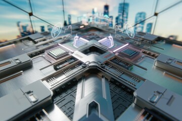 Futuristic city tech, intricate circuitry and data streams flow, merging urban landscape and advanced technology.