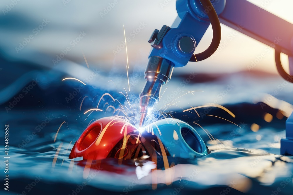 Poster A robotic arm welds two colorful objects submerged in water, sparks flying.