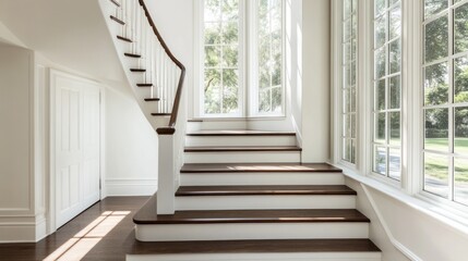 Sunlight streams through windows onto elegant wooden staircase in bright hallway