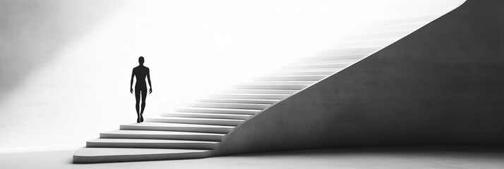 A silhouette of a person ascending a spiral staircase in a monochrome environment, representing progress, personal growth, and the journey toward enlightenment