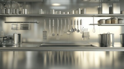 Stainless steel kitchen, utensils hanging, tools organized, clean counter, professional cooking