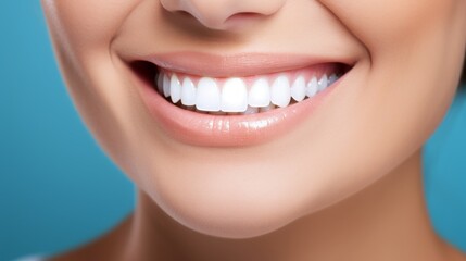 Obraz premium A woman's smile with white healthy teeth on a blue background. 