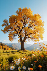 Golden tree swaying in sunlit meadow, nature's resilience